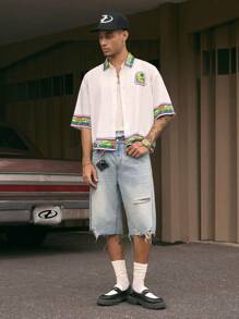 AXEPEAK 宽松翻领短袖印花男士衬衫，街头潮流 - 白色 - 查看 4