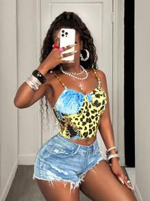 BamGleam Women's Blue Floral Print Cropped Camisole Vest