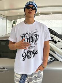 DAZY 夏季字母印花白色休闲嘻哈男式T恤，图案T恤 - 白色 - 查看 1