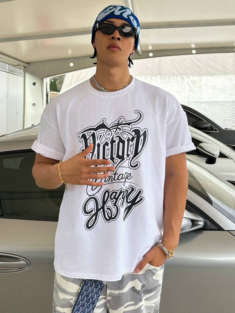 DAZY 夏季字母印花白色休闲嘻哈男式T恤,图案T恤 - 白色 - 查看 1