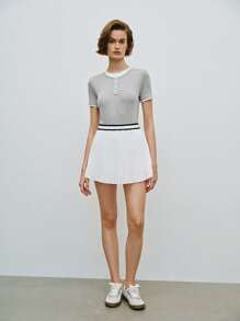 Lumivelle Elastic Waist Contrast Color Pleated A-Line Sports Skirt - White - View 1
