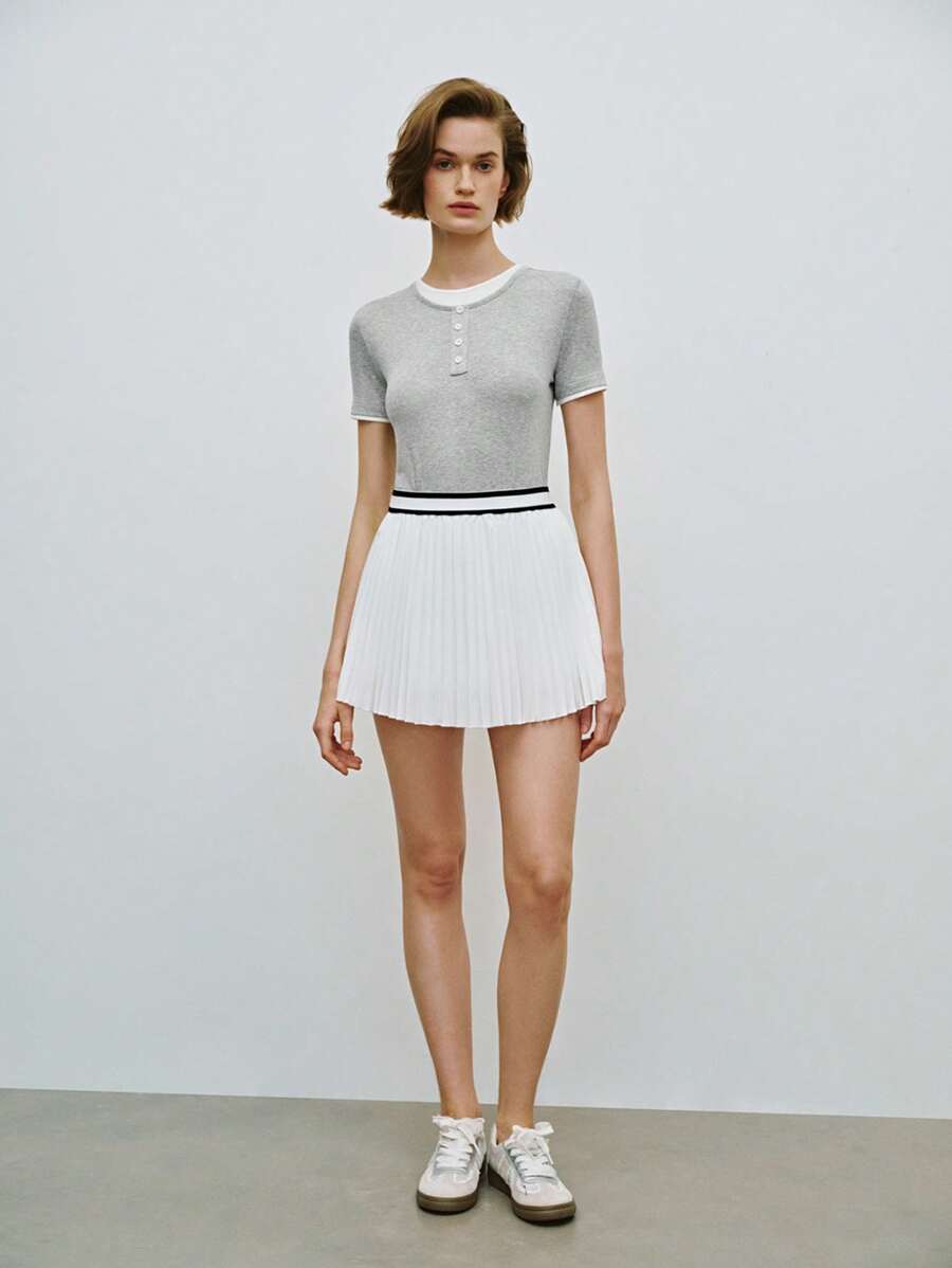 Lumivelle Elastic Waist Contrast Color Pleated A-Line Sports Skirt - White - View 1