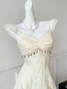 Comfortcana Đầm dài thanh lịch xếp ly viền nhún màu trơn cho nữ - Màu be - Xem 4