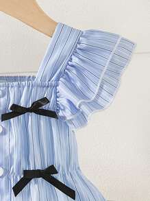 Fitted Top For Baby Girls With Striped Square Neck, Flutter Sleeves, Buttons And Bowknot. New Product On The Market. It's Fashionable, Elegant, Cute, Sweet And Suitable For Daily Wear. - Blue - View 6