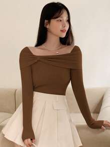 DAZY Women's Solid Color Long Sleeve Slim Fit Sweater, Casual Everyday Wear,Fall Women Clothes - Camel - View 1