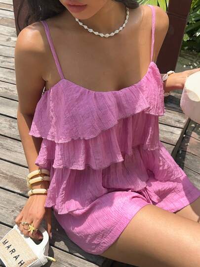 MainGRL Women's Summer Vacation Multi-Layered Ruffled Camisole And Shorts Set, Solid Color, Suitable For Daily Street Wear, Suitable For Vacation Wear