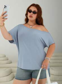 SHEIN EZwear Plus Size Solid Color Asymmetrical Collar Short Sleeve T-Shirt, Suitable For Summer - Baby Blue - View 6