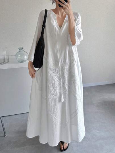 FRIFUL Vestido de línea A con bordados de flores de encaje y malla en los puños, vestido casual de unicolor para vacaciones, adecuado para festivales de música, ceremonias de graduación, vestido de manga larga para otoño