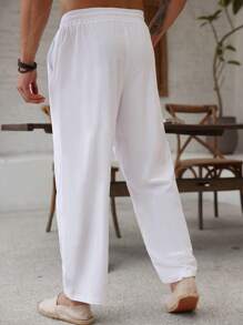 Manfinity Homme Plus Size Men's Casual Multipurpose Drawstring Waist Solid Color Linen Pants, White It Is Great For Couples And Makes An Excellent Gift Idea For Boyfriends Or Husbands, Fall - White - View 2