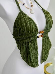 Elamini Camiseta de tirantes finos con textura y cuentas, informal para vacaciones - Verde militar - View 3