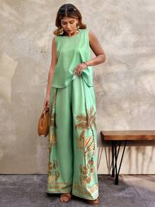 SHEIN Clasi 大码女式植物印花吊带背心和阔腿裤度假套装