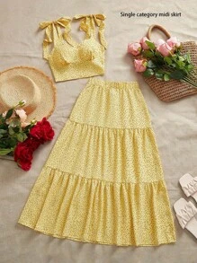 SHEIN VCAY 女士简约度假梭织印花喇叭红裙，休闲假日春季女装，女士街头服饰，休闲装度假