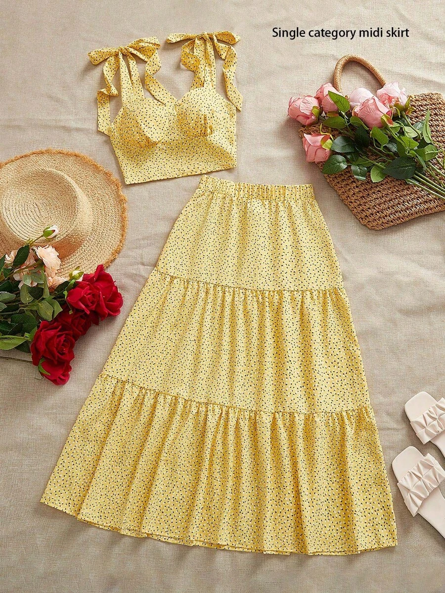 SHEIN VCAY 女士简约度假梭织印花喇叭红裙，休闲假日春季女装，女士街头服饰，休闲装度假