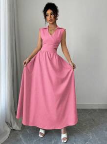 Elenzga Women's Khaki V-Neck Waist Design Sleeveless Dress - Hot Pink - View 4