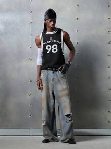 NEON BLANC Jeans de estilo callejero holgados para hombre con estampado de flores de nieve, edición de ropa urbana