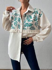 EURMUSE 100%Cotton Open Placket Blouse With Tassels And Tribe Print - Green - View 6