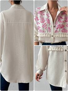 EURMUSE 100%Cotton Open Placket Blouse With Tassels And Tribe Print - Pink - View 7