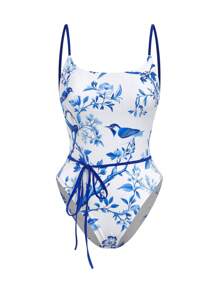 SHEIN EZwear Women's All-Over Print Belted Sleeveless Bodysuit