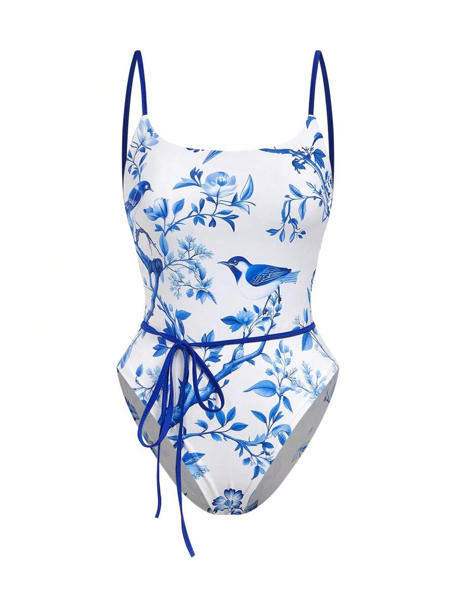 SHEIN EZwear Women's All-Over Print Belted Sleeveless Bodysuit