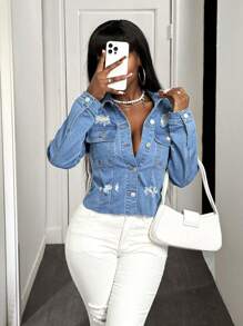 Slaydiva Damen Lässig Blaue Verwaschen Denim Jacke