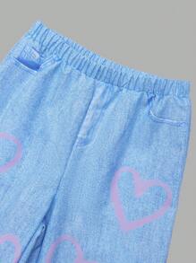 SHEIN 2pcs/Set Teenage Girls Casual Heart Graphic T-Shirt + Heart Print Wide Leg Pants, Elegant Leisure Outfit For Spring, Summer, Autumn, Holiday, School Young Girls Sets Outfit Set Teen