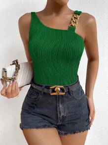 Chiquease Women's Solid Color Chain Decor Asymmetric Collar Sleeveless Top - Green - View 4