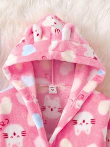 Young Girl Cute Knitted Flannel Multi-Color Heart Cat Ear Hooded Long Sleeve Open Front Belted Robe, Soft & Comfortable For Home Wear - Baby Pink - View 3