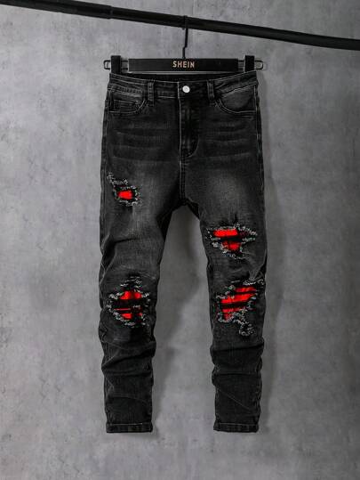 SHEIN Jeans casuales de moda Y2K para adolescentes, con diseño negro de denim rasgado, parches rojos y elástico, para uso diario y todas las estaciones, ropa de verano para adolescentes