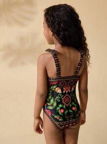 SHEIN Young Girl Cute Floral Print Sleeveless One-Piece Swimsuit For Summer - Multicolor - View 2