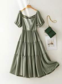 SHEIN Frenchy Plus Size Women Summer Romantic Vacation Multi-Layered Ruffle Splice Green Dress, Bowknot Back Design, Suitable For Dating, Beach Vacation, Wedding Season And More - Green - View 3