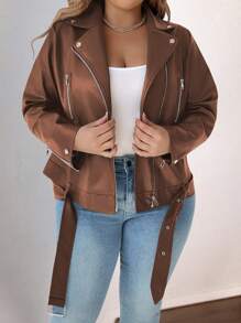 Flirla 大码时尚纯色PU领系带夹克 - 咖啡棕 - 查看 3