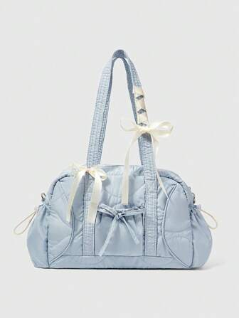 Kawaii 1 pieza Bolso de hombro de gran capacidad y múltiples bolsillos en azul claro estilo Y2K, adecuado para ir a trabajar, compras y de vuelta a la escuela (incluye cinta de lazo para DIY)