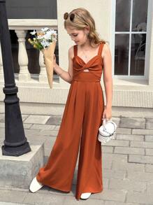 SHEIN Tween Girl 休闲度假粘胶纤维蝴蝶结扭纹吊带背心宽腿宽松连体裤，棕色