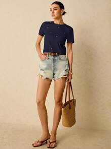 Poéselle Camiseta de manga corta para uso casual diario con bordado de hilo y estampado de corazón, camiseta de verano de algodón para mujer con diseño bordado para té y eventos de verano