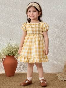 Blossori Baby Girls Countryside Vacation Yellow Plaid Puff Sleeve Pinafore Dress - Multicolor - View 7
