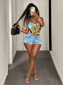 BamGleam Women's Blue Floral Print Cropped Camisole Vest