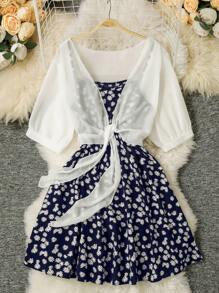 SHEIN Clasi 2件套加大码雏菊印花吊带连衣裙和透视扭纹开衫 - 藏蓝色 - 查看 6