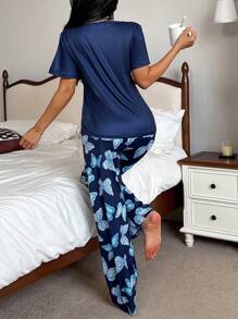 SHEIN 时尚蝴蝶印花短袖上衣和裤子套装