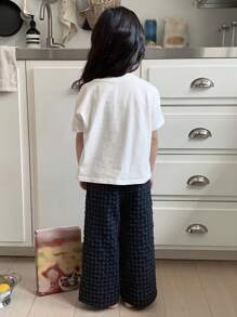 DAZY Young Girl Letter & Rabbit Graphic Short Sleeve T-Shirt And Plaid Pants Pajamas Set,Girls Summer Outfits - Blue - View 2