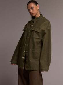 MUSERA Washed Denim Pocket Jacket Summer Casual Cute Y2k Concert - Army Green - View 3