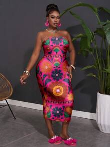 Slaydiva Plus Size Women Casual Floral Print Full-Width Print Bandeau Dress, Summer,Sun Dresses For Women Suitable For Going Out Chic Dress - Multicolor - View 5