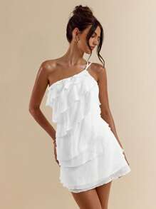 Solid Apricot Mini Dress With Lotus Leaf Overlay Suitable For Daily Dates, Nights Out, Nightclubs, Parties, Meetings, Cocktail Parties, Pool Parties, HAL2 - Blanco - View 4