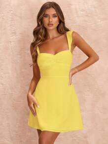 SHEIN BAE Váy ngắn buộc dây hở lưng bằng vải chiffon màu vàng kem, dành cho nữ, váy trắng ôm nhẹ thời trang xuân/hè - Màu vàng - Xem 7