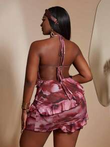 Maweii Damen Große Größen Bodycon Kleid mit Blume Muster und Rüschensaum, ärmellos, Sommer - Verschiedenfarbig - Übersicht 2