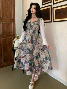 DAZY Rochie lungă pentru femei cu guler pătrat și mâneci evazate, rochie de toamnă, ținute de vacanță, florale - Albastru - Vizualizare 6