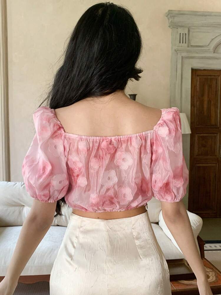 Floral Print Bubble Puff Sleeve Tie Front V-Neck Blouse For Women