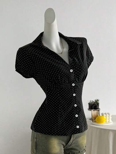 Elamini Polka Dot Print Collared Slim Fit Short Sleeve Blouse For Women