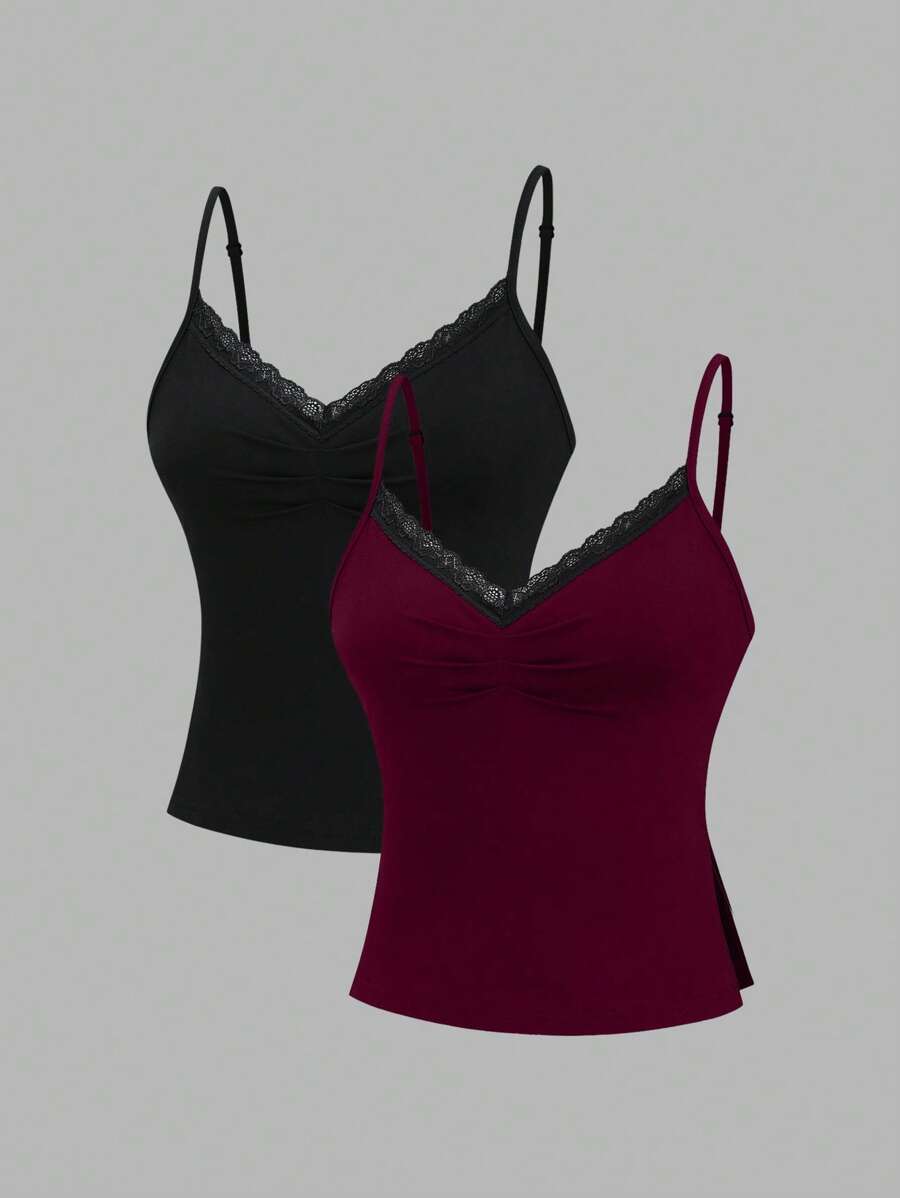 SHEIN Unity 性感V领蕾丝边开衩吊带背心两件套 - 酒紅色 - 查看 1