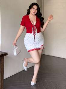 Flirla Plus Size Elegant Solid Color Tied Blouse And Mini Ditsy Floral Dress Two Pieces Set, Summer - Red - View 5