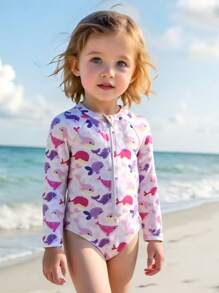2025 New Young Girls One-Piece Swimsuit With Floral Print, Long Sleeve Zip-Up One Piece Swimsuit For Beach & Resort Vacation Children Beach Outdoor Wear Kids Swimsuits Long Sleeve Kids Beach Wear Swim Suit For Girls Long Sleeve Beachwear For Kids - Mauve Purple - View 1